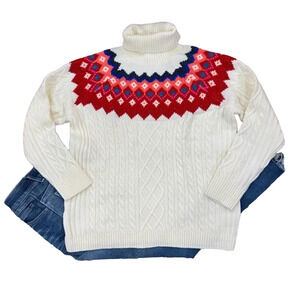 NWT LOFT Ivory W/Red, Pink & Blue Fair Isle Turtleneck Cable Sweater